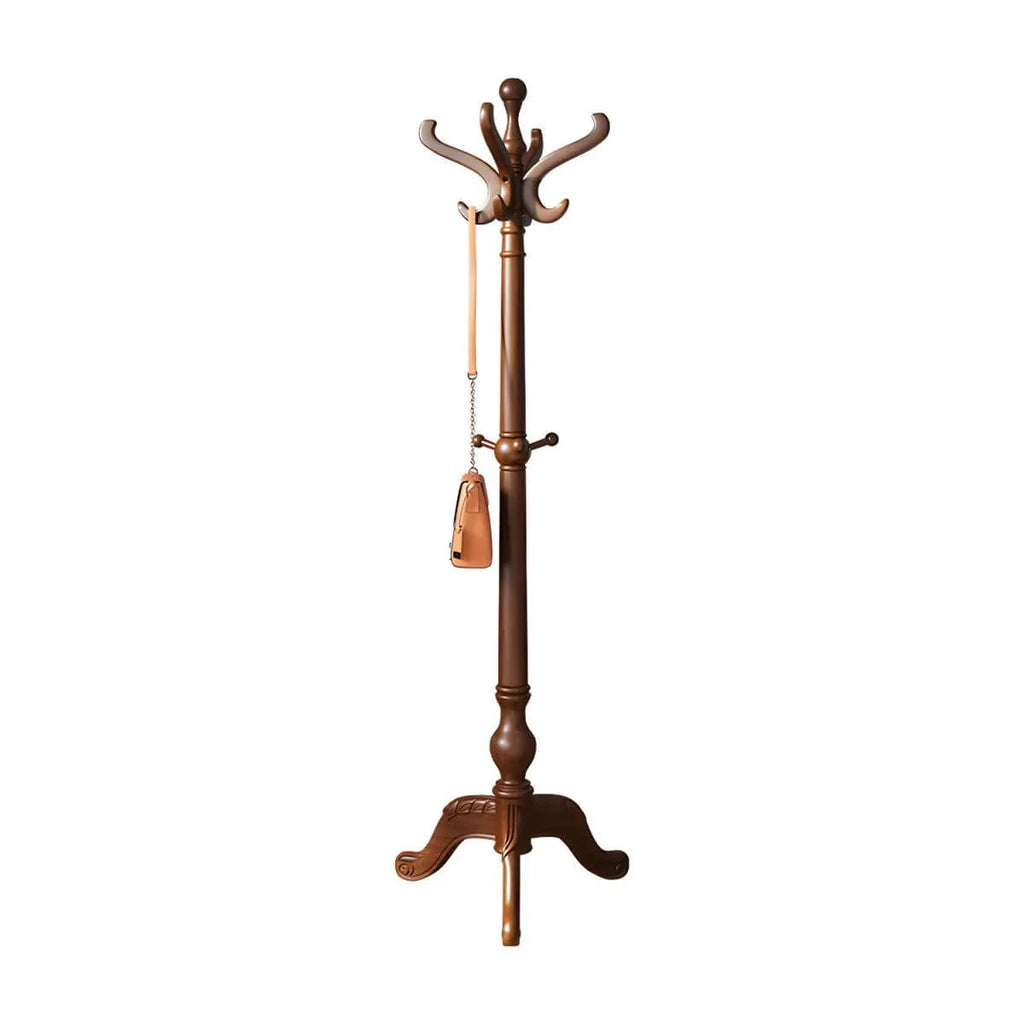Traditional Solid Rubberwood Hall Tree with Spiral-Turned Post and Hooks