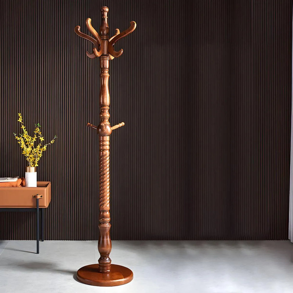 Traditional Solid Rubberwood Hall Tree with Spiral-Turned Post and Hooks