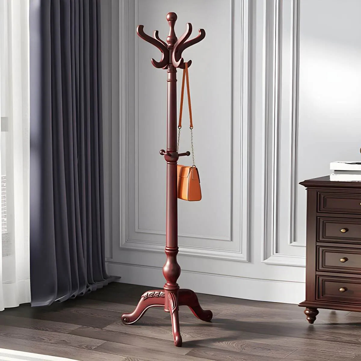Traditional Solid Rubberwood Hall Tree with Spiral-Turned Post and Hooks