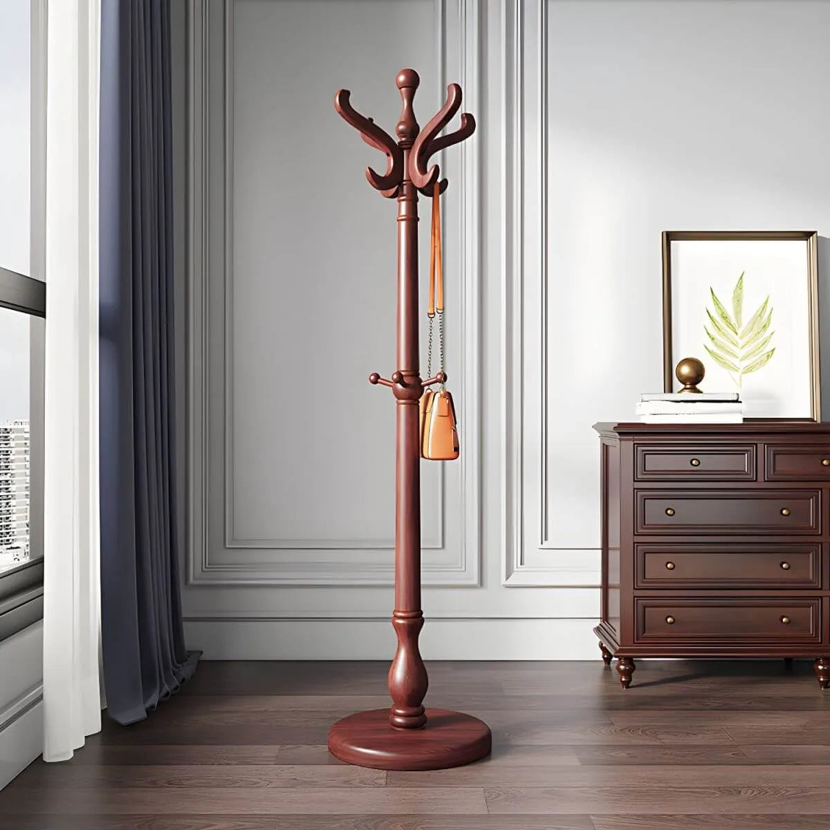 Traditional Solid Rubberwood Hall Tree with Spiral-Turned Post and Hooks