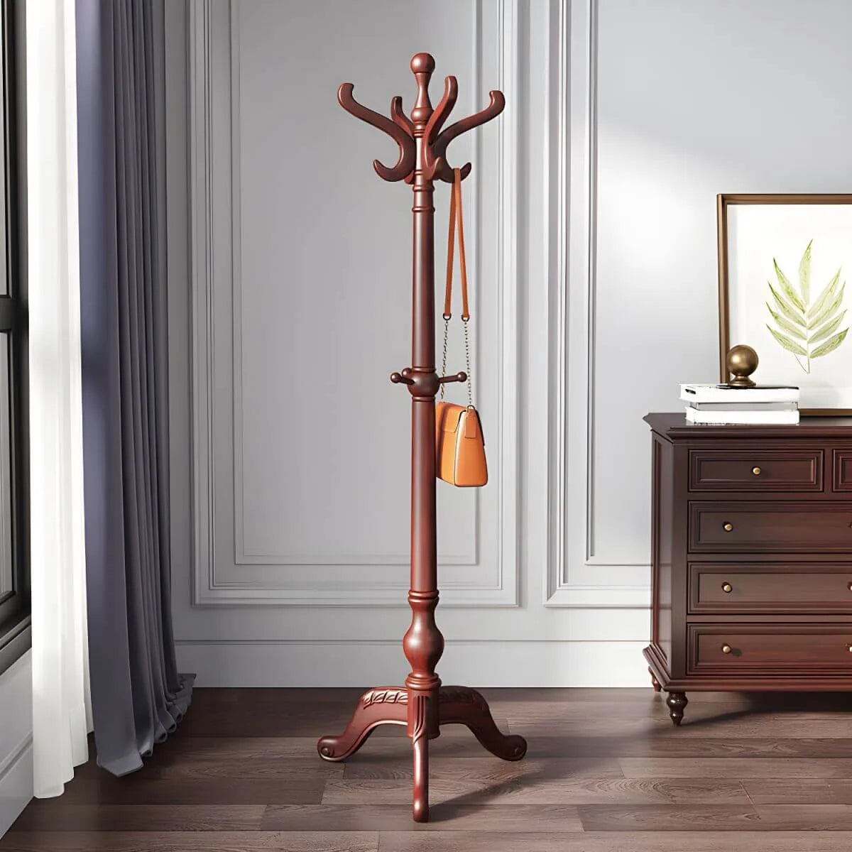 Traditional Solid Rubberwood Hall Tree with Spiral-Turned Post and Hooks Secondary image