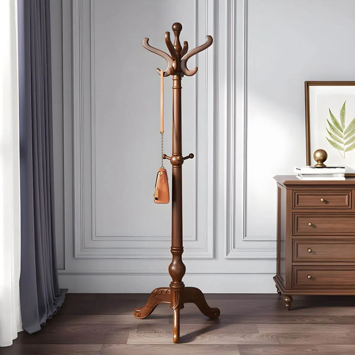 Traditional Solid Rubberwood Hall Tree with Spiral-Turned Post and Hooks
