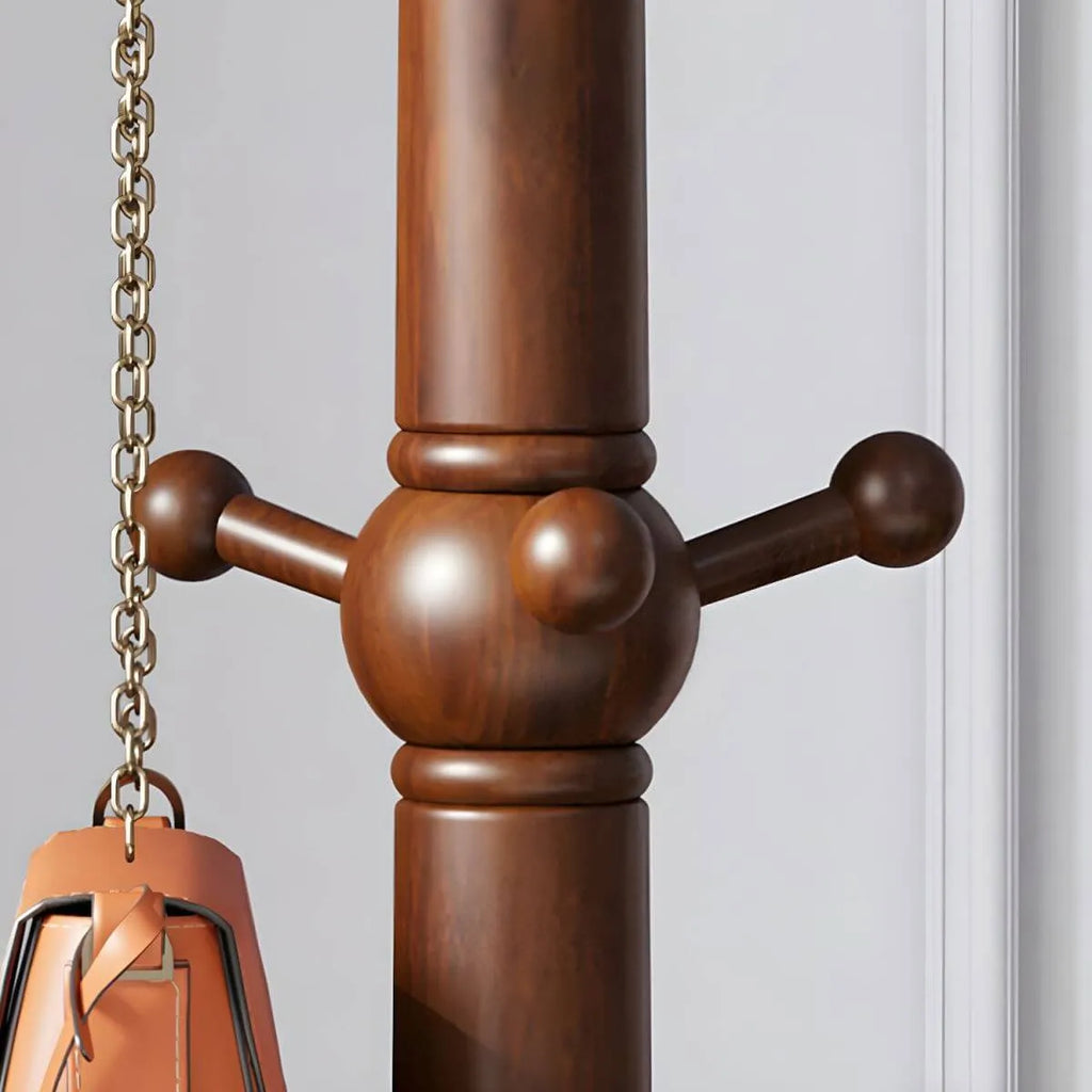 Traditional Solid Rubberwood Hall Tree with Spiral-Turned Post and Hooks