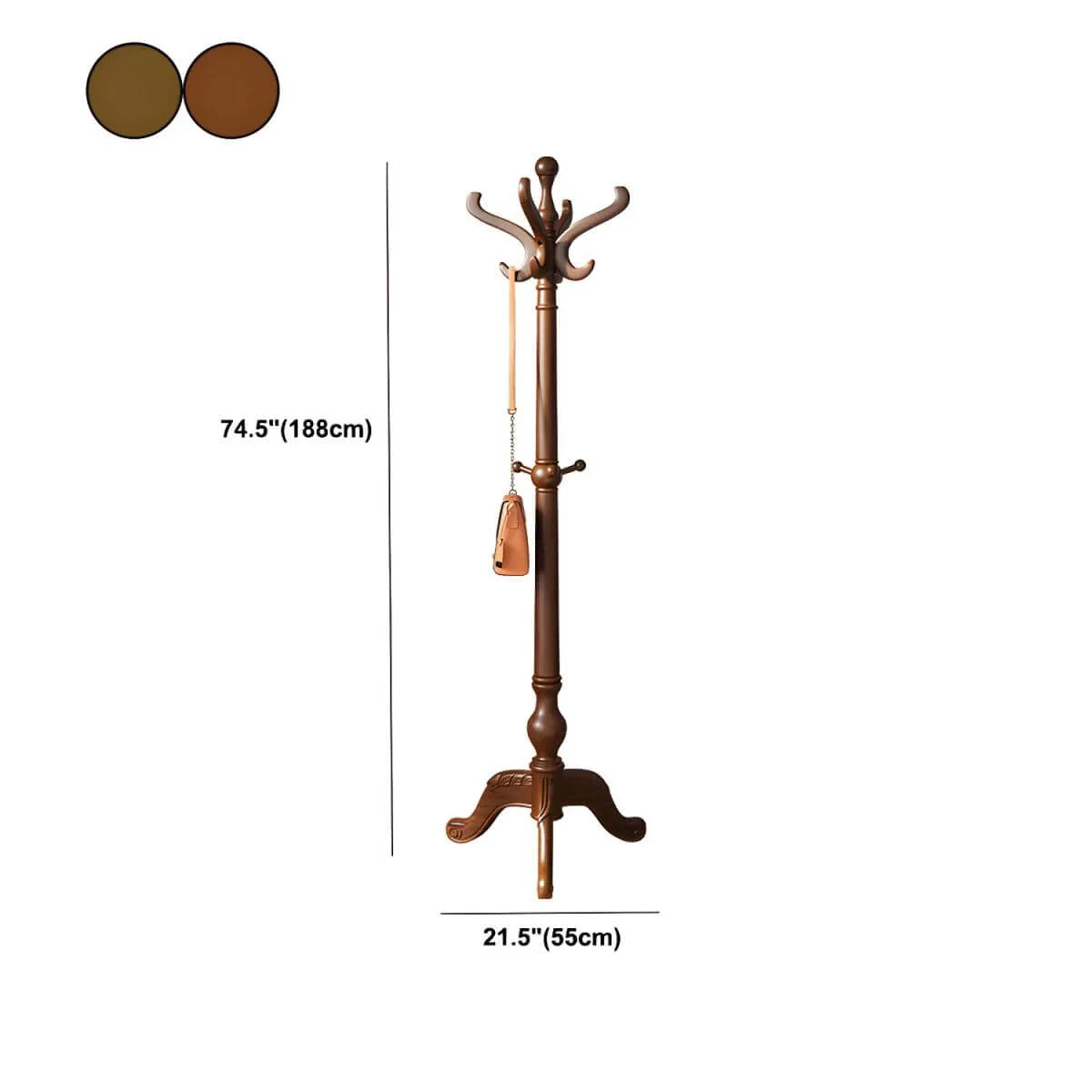 Traditional Solid Rubberwood Hall Tree with Spiral-Turned Post and Hooks Dimensions