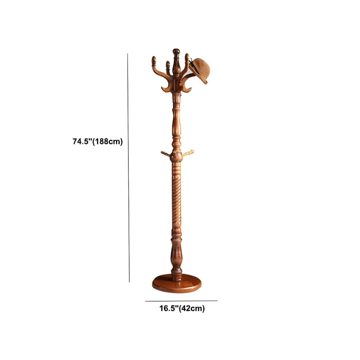 Traditional Solid Rubberwood Hall Tree with Spiral-Turned Post and Hooks Dimensions