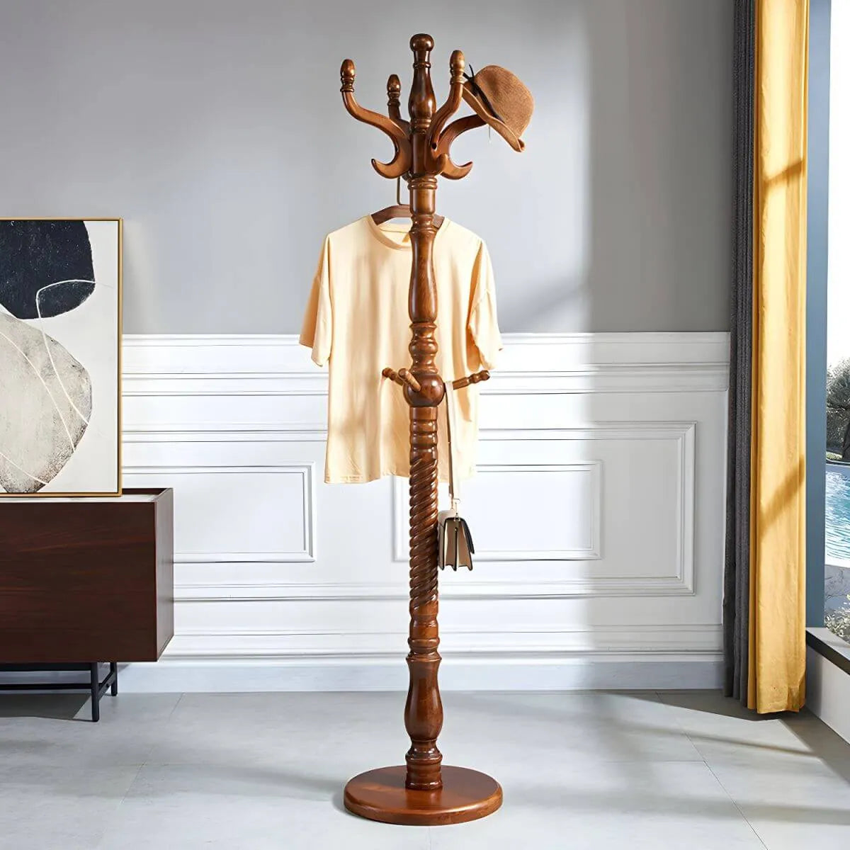 Traditional Solid Rubberwood Hall Tree with Spiral-Turned Post and Hooks Main Product Image Main image