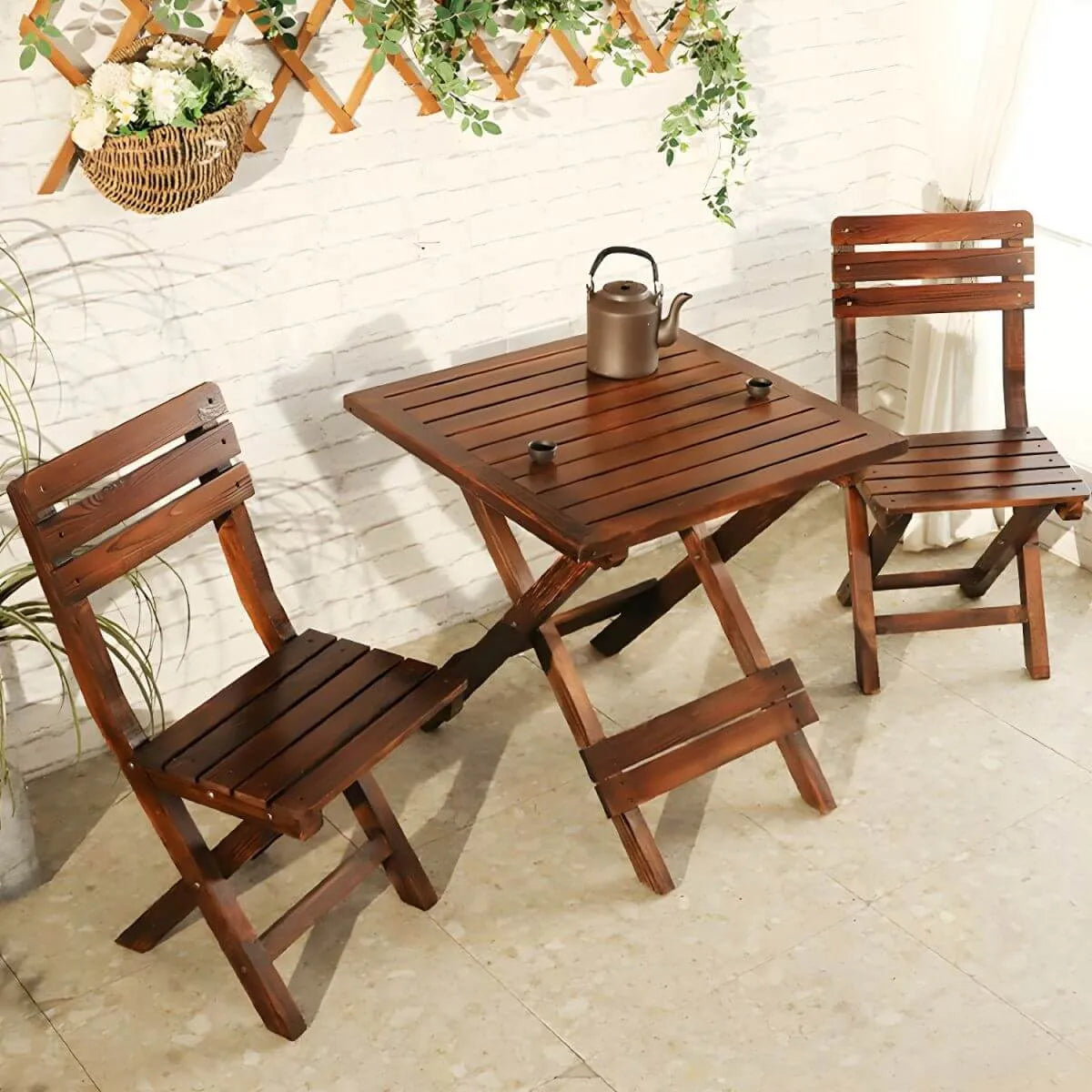 Traditional Square Foldable Wooden Coffee Table Set – Dark Brown Outdoor Patio Furniture