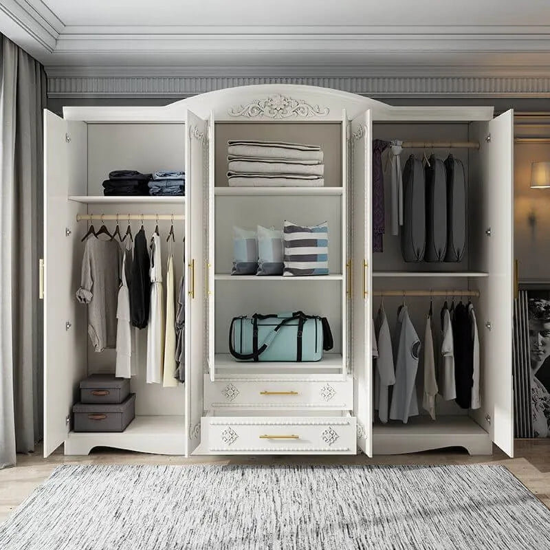 Traditional White Wood Wardrobe Armoire With Ornate Storage