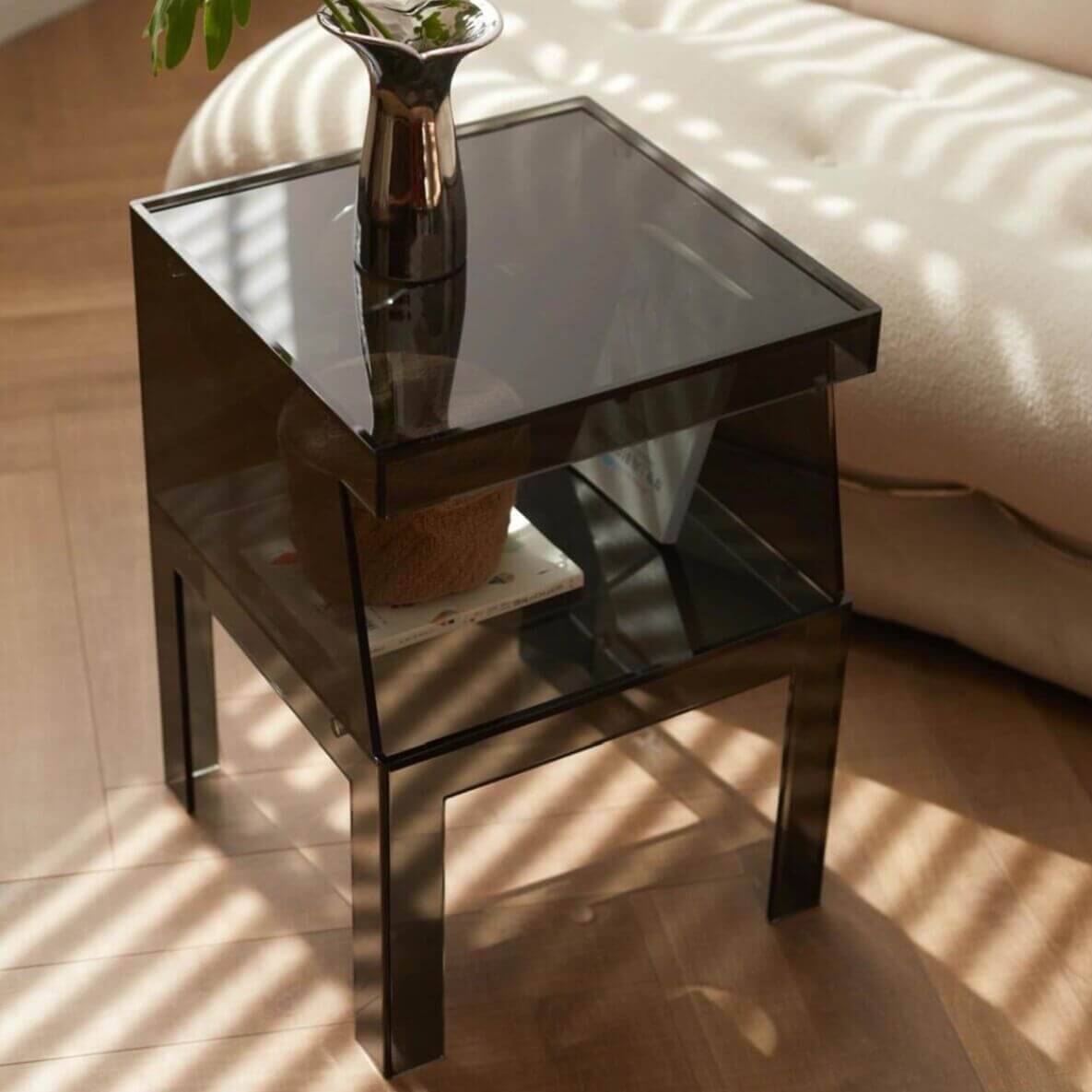 Transparent Lucite End Table with Open Storage Shelf