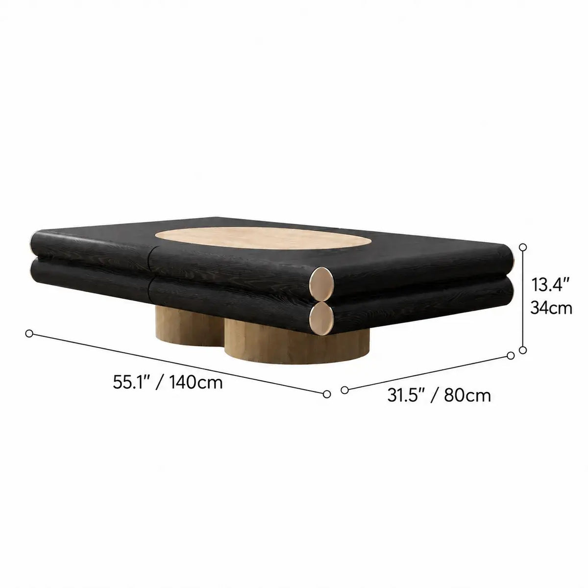 Travertine and Walnut Geometric Coffee Table With Sculpted Drawer