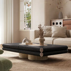 Travertine and Walnut Geometric Coffee Table With Sculpted Drawer