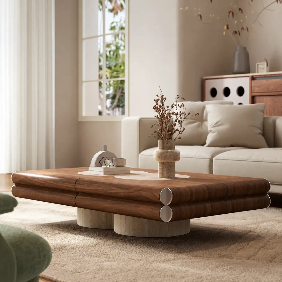 Travertine and Walnut Geometric Coffee Table With Sculpted Drawer