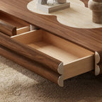 Travertine and Walnut Geometric Coffee Table With Sculpted Drawer