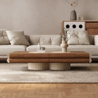 Travertine and Walnut Geometric Coffee Table With Sculpted Drawer