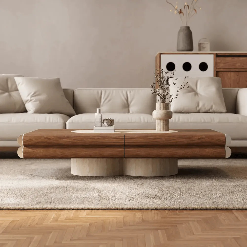 Travertine and Walnut Geometric Coffee Table With Sculpted Drawer