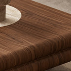 Travertine and Walnut Geometric Coffee Table With Sculpted Drawer
