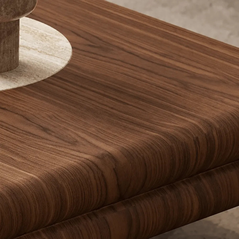 Travertine and Walnut Geometric Coffee Table With Sculpted Drawer