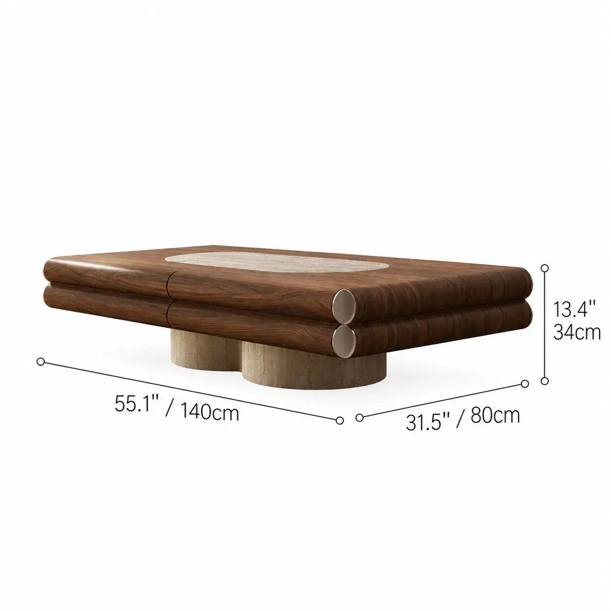 Travertine and Walnut Geometric Coffee Table With Sculpted Drawer Dimensions