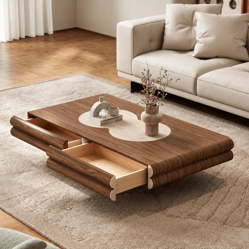 Travertine and Walnut Geometric Coffee Table With Sculpted Drawer Main Product Image