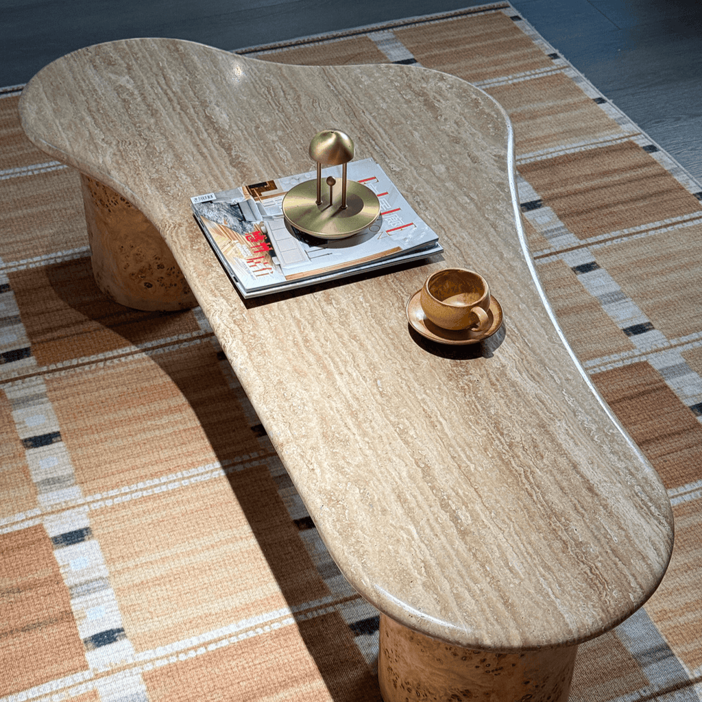 Travertine & Burlwood Wabi-Sabi Coffee Table with Sculptural Legs