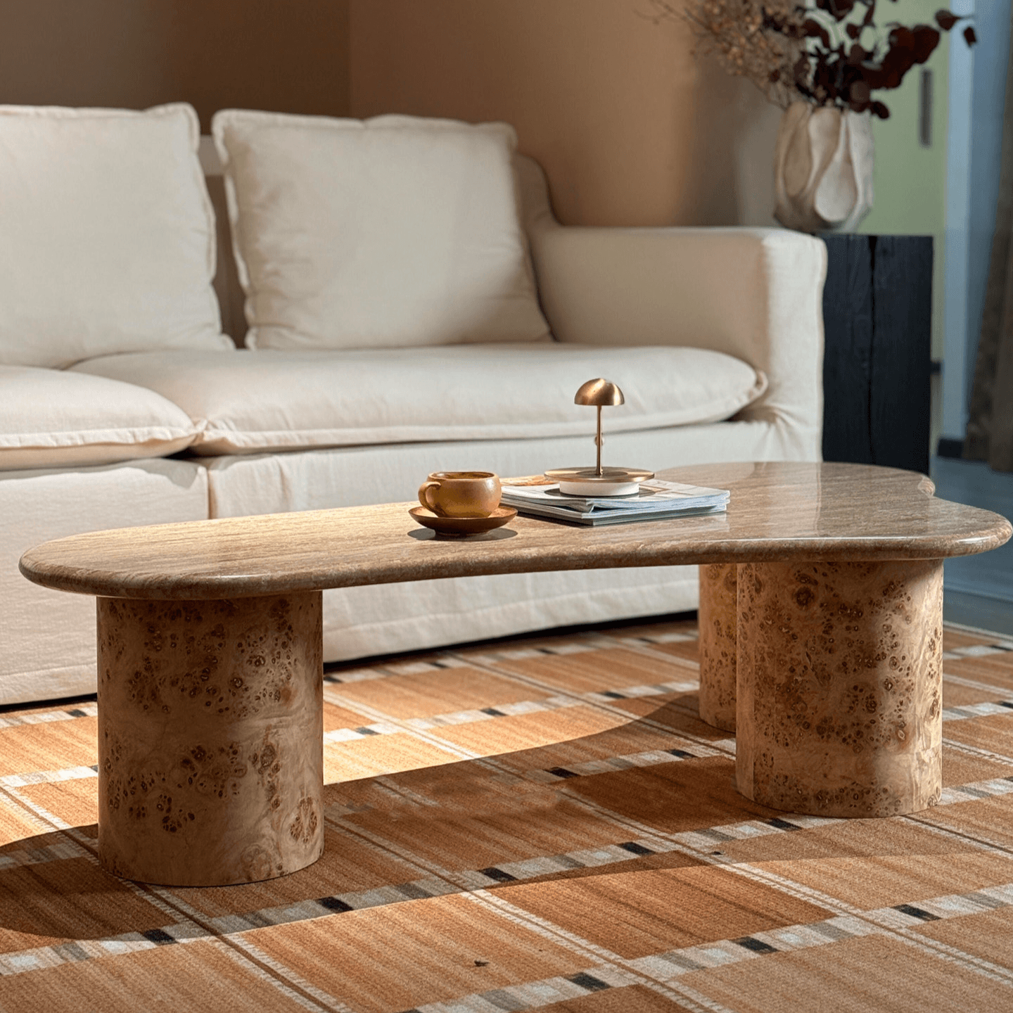 Travertine & Burlwood Wabi-Sabi Coffee Table with Sculptural Legs