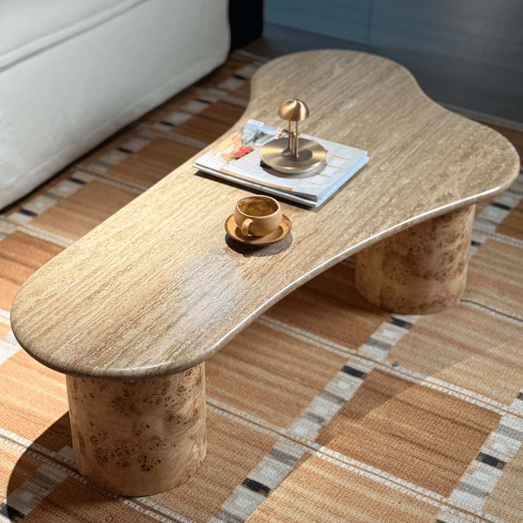 Travertine & Burlwood Wabi-Sabi Coffee Table with Sculptural Legs