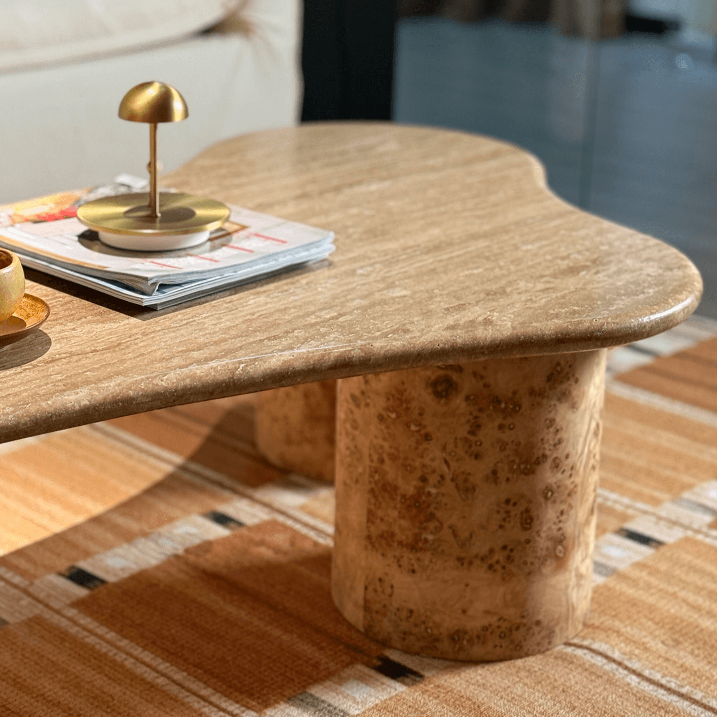 Travertine & Burlwood Wabi-Sabi Coffee Table with Sculptural Legs