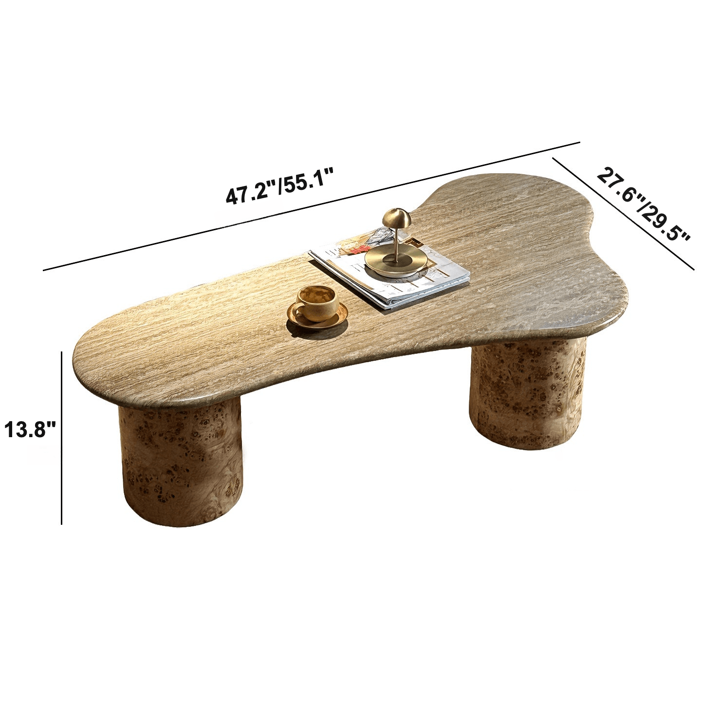 Travertine & Burlwood Wabi-Sabi Coffee Table with Sculptural Legs Dimensions