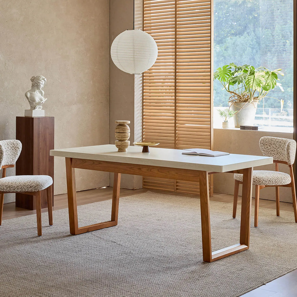 Travertine Sintered Stone Dining Table with Mid-Century Wood Frame and Rounded Safety Edges