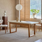 Travertine Sintered Stone Dining Table with Mid-Century Wood Frame and Rounded Safety Edges