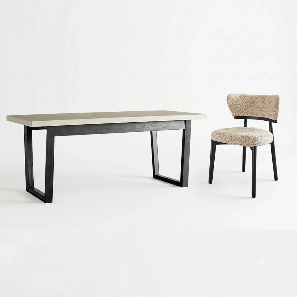 Travertine Sintered Stone Dining Table with Mid-Century Wood Frame and Rounded Safety Edges
