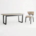 Travertine Sintered Stone Dining Table with Mid-Century Wood Frame and Rounded Safety Edges