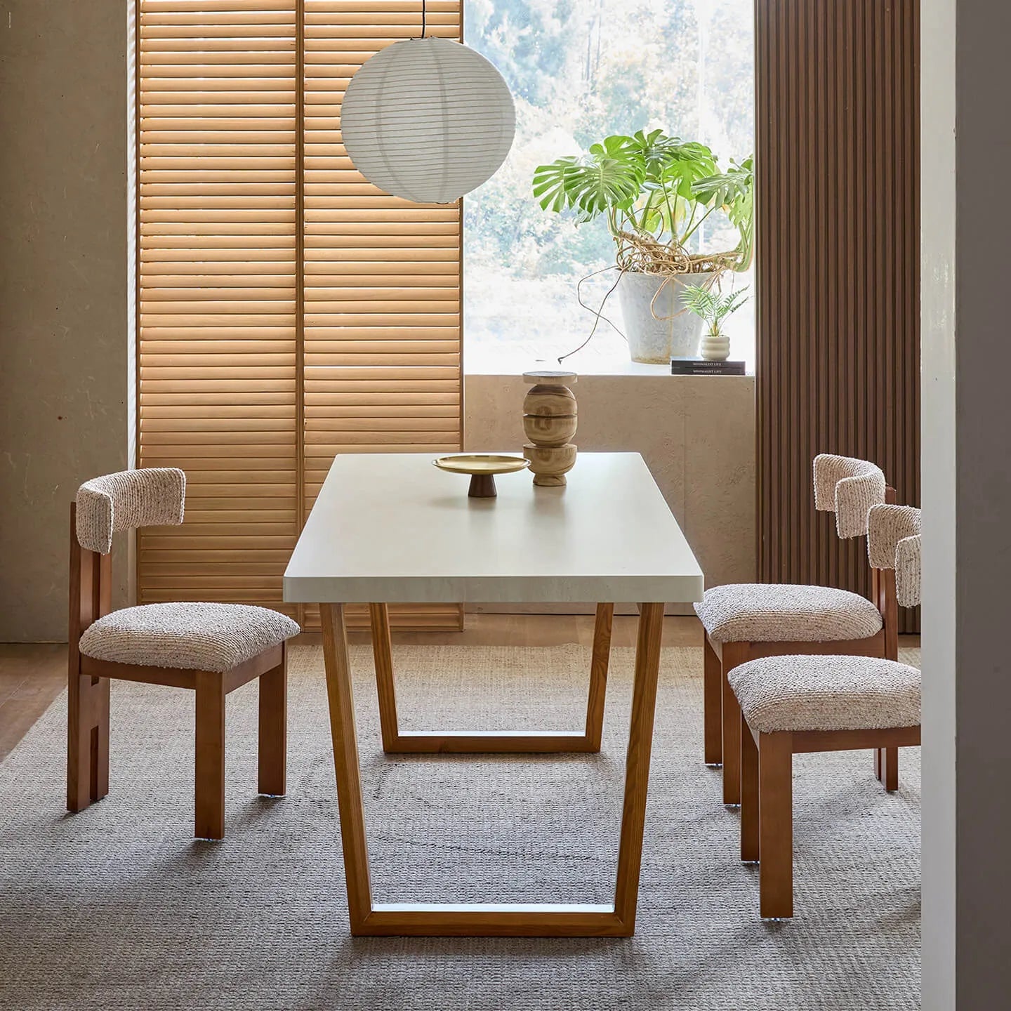 Travertine Sintered Stone Dining Table with Mid-Century Wood Frame and Rounded Safety Edges