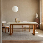 Travertine Sintered Stone Dining Table with Mid-Century Wood Frame and Rounded Safety Edges Main Product Image