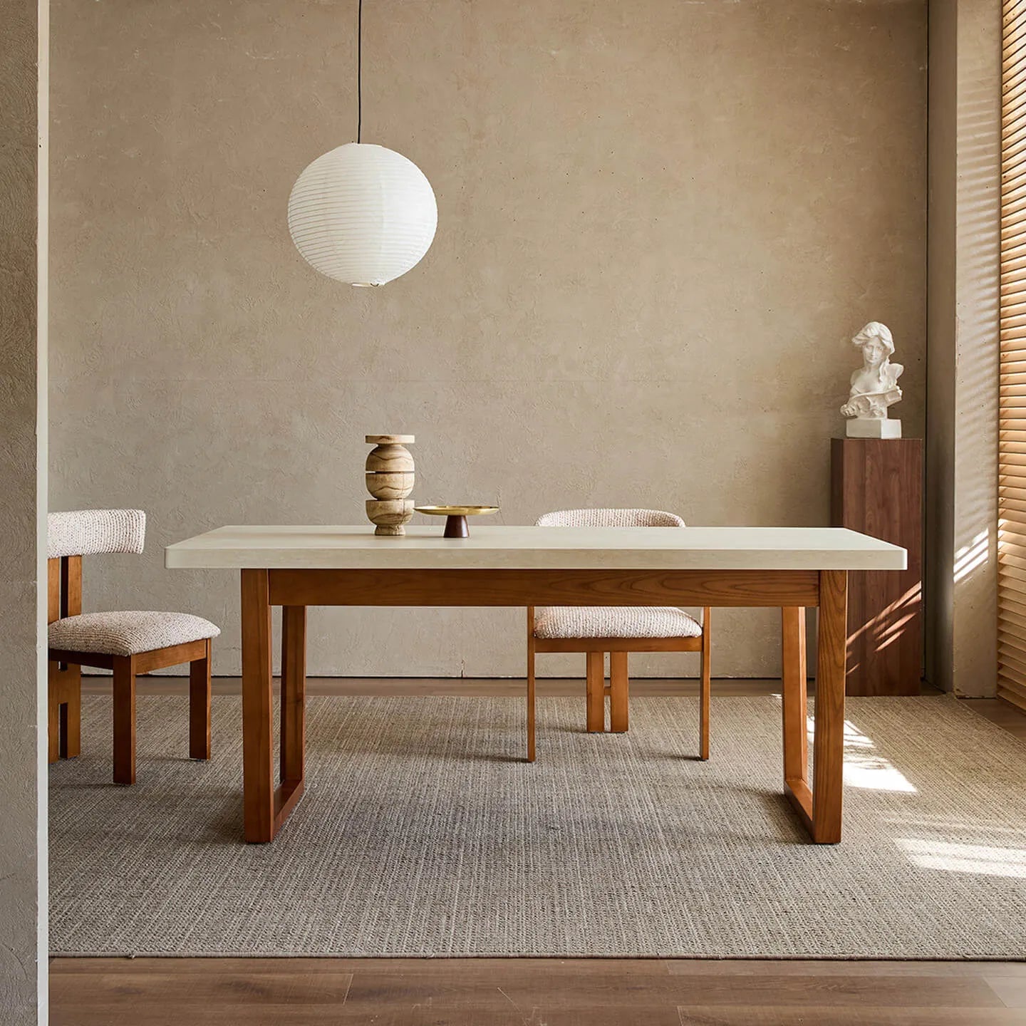 Travertine Sintered Stone Dining Table with Mid-Century Wood Frame and Rounded Safety Edges Main Product Image