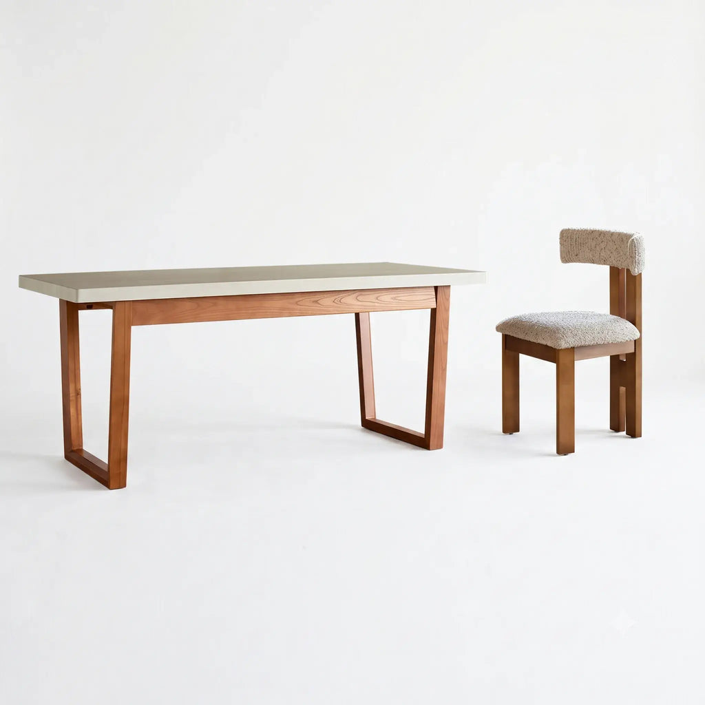 Travertine Sintered Stone Dining Table with Mid-Century Wood Frame and Rounded Safety Edges