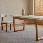 Travertine Sintered Stone Dining Table with Mid-Century Wood Frame and Rounded Safety Edges