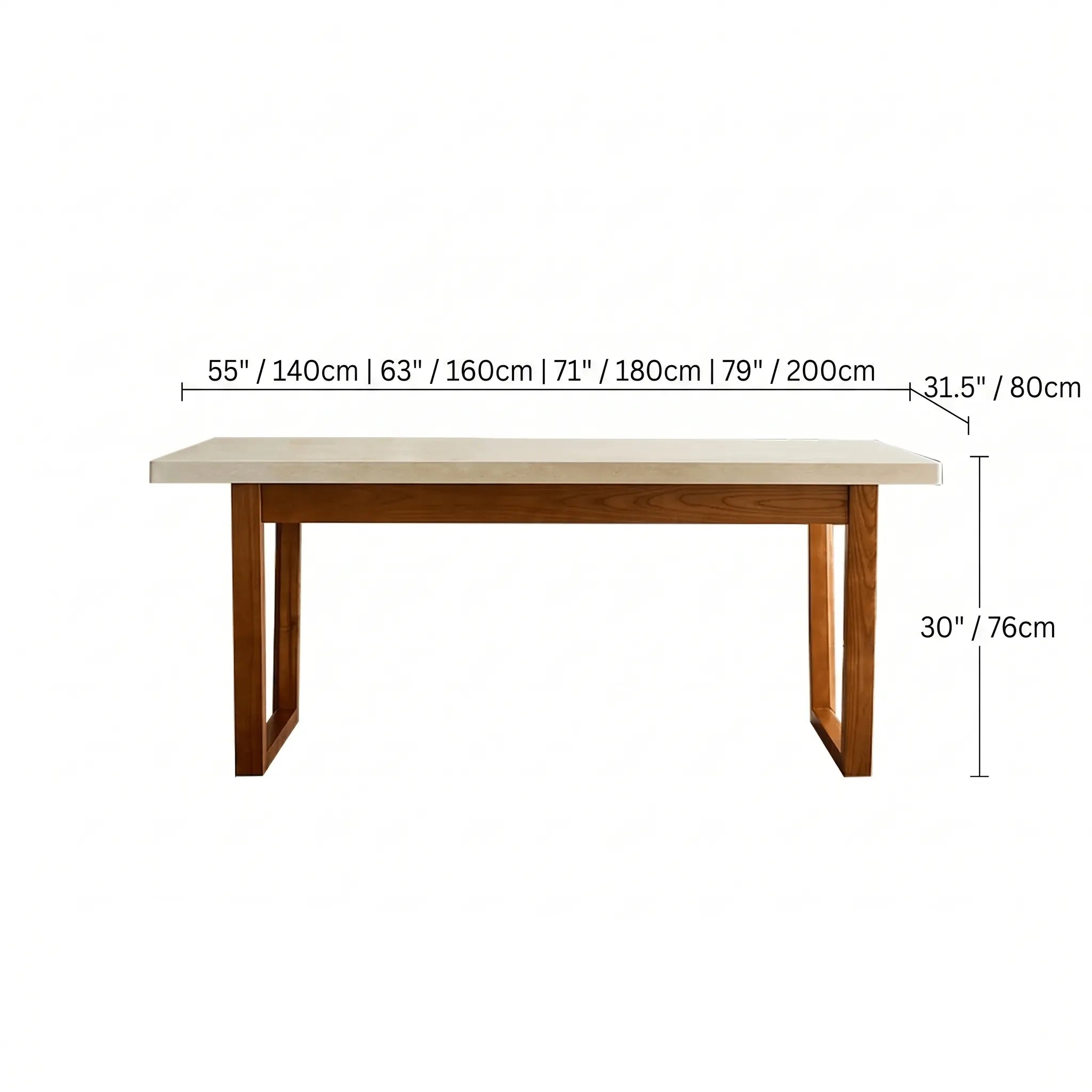 Travertine Sintered Stone Dining Table with Mid-Century Wood Frame and Rounded Safety Edges Dimensions