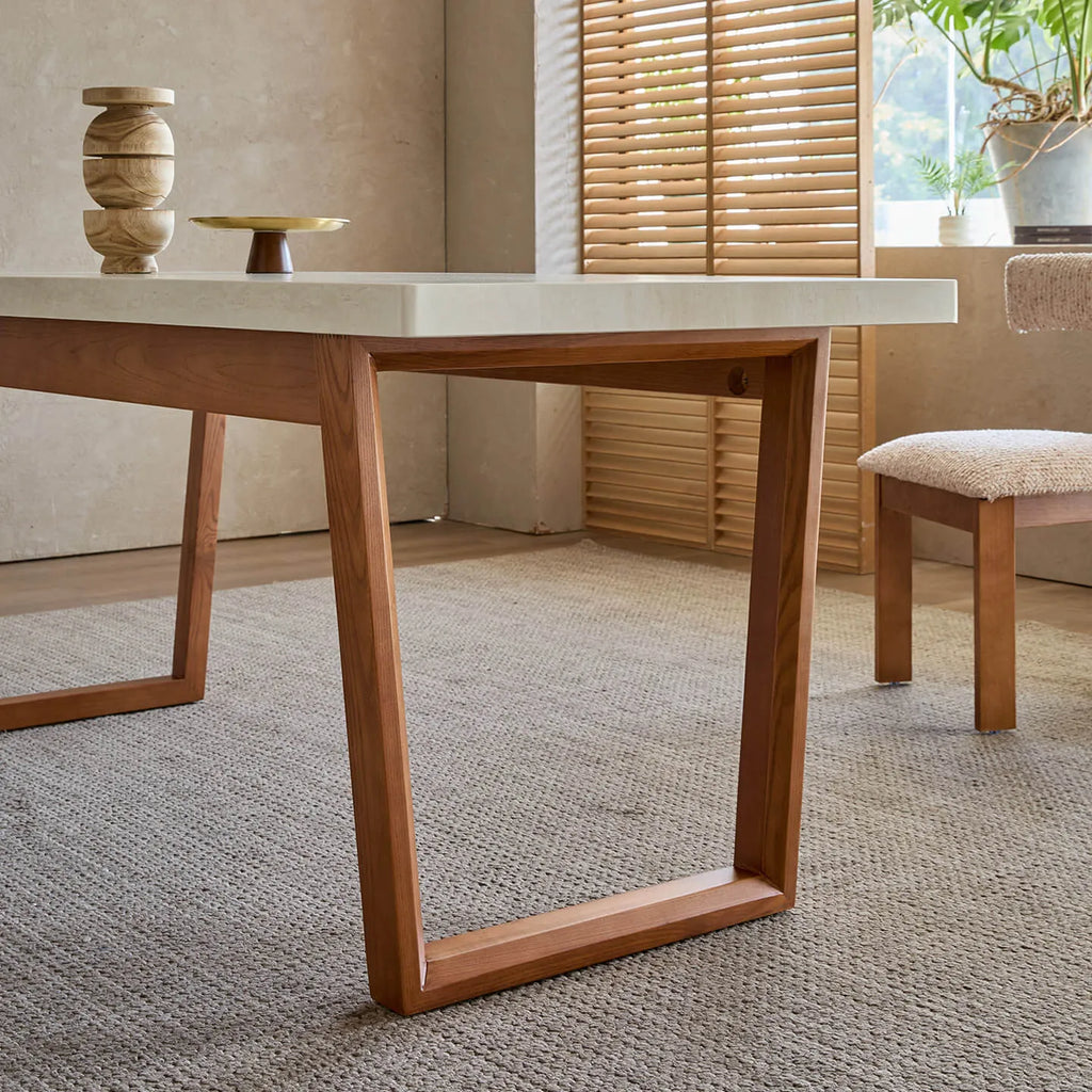 Travertine Sintered Stone Dining Table with Mid-Century Wood Frame and Rounded Safety Edges
