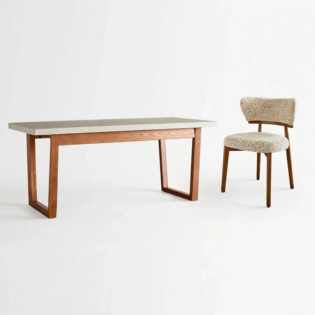 Travertine Sintered Stone Dining Table with Mid-Century Wood Frame and Rounded Safety Edges