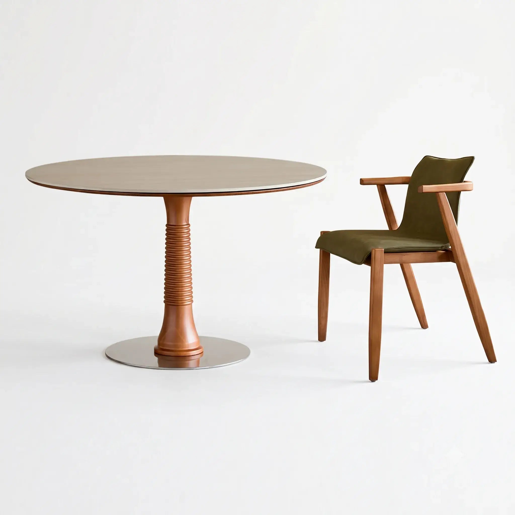 Travertine Sintered Stone Dining Table with Sculptural Ash Wood Base