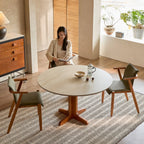 Travertine Sintered Stone Dining Table with Sculptural Ash Wood Base