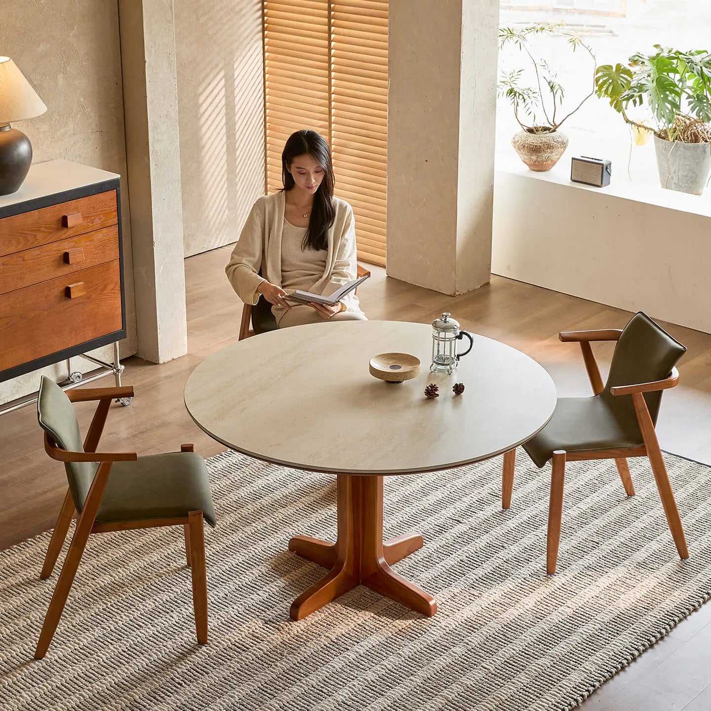 Travertine Sintered Stone Dining Table with Sculptural Ash Wood Base
