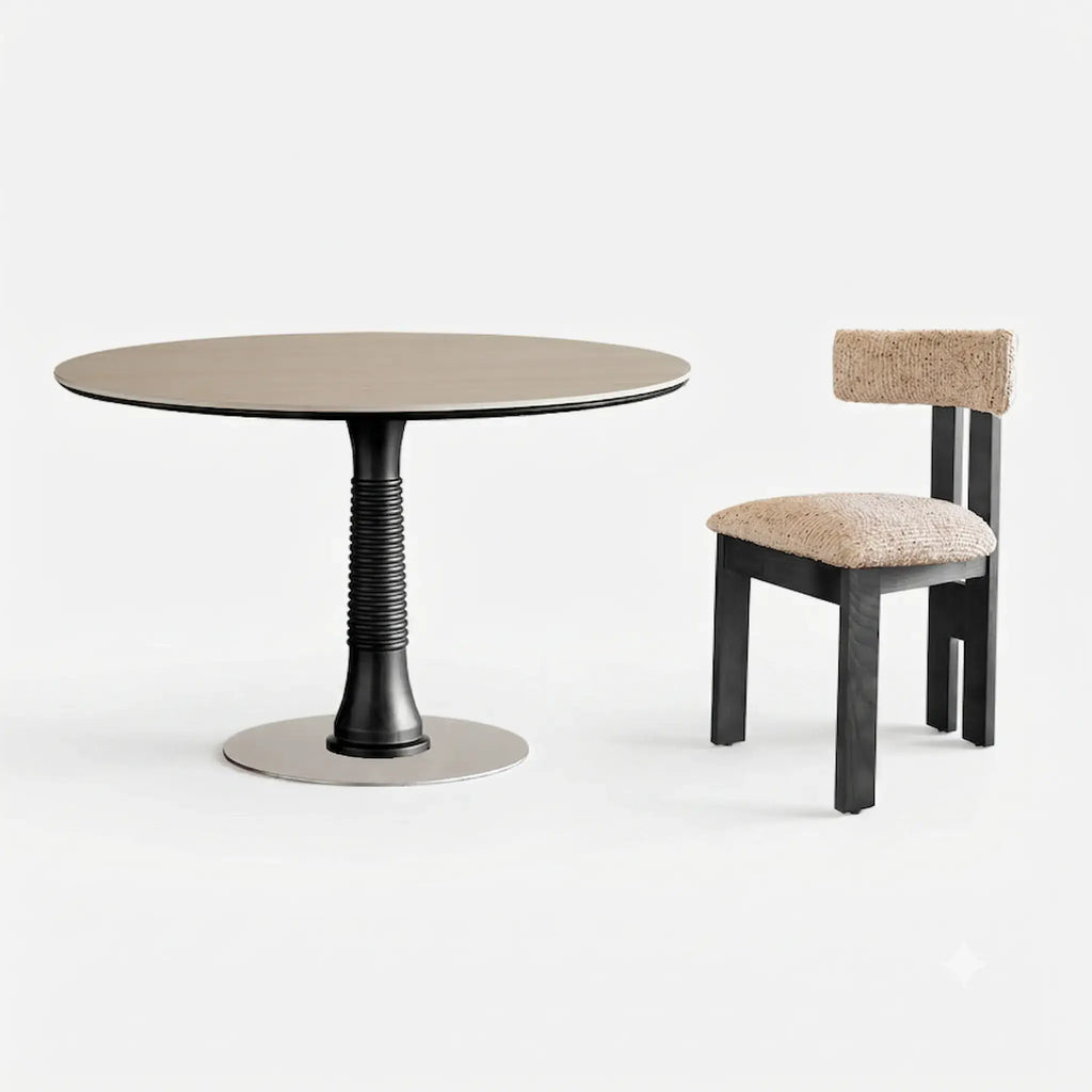 Travertine Sintered Stone Dining Table with Sculptural Ash Wood Base