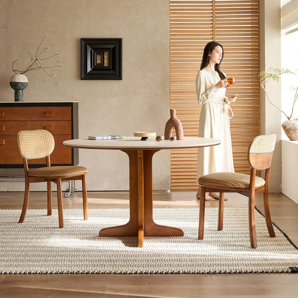 Travertine Sintered Stone Dining Table with Sculptural Ash Wood Base
