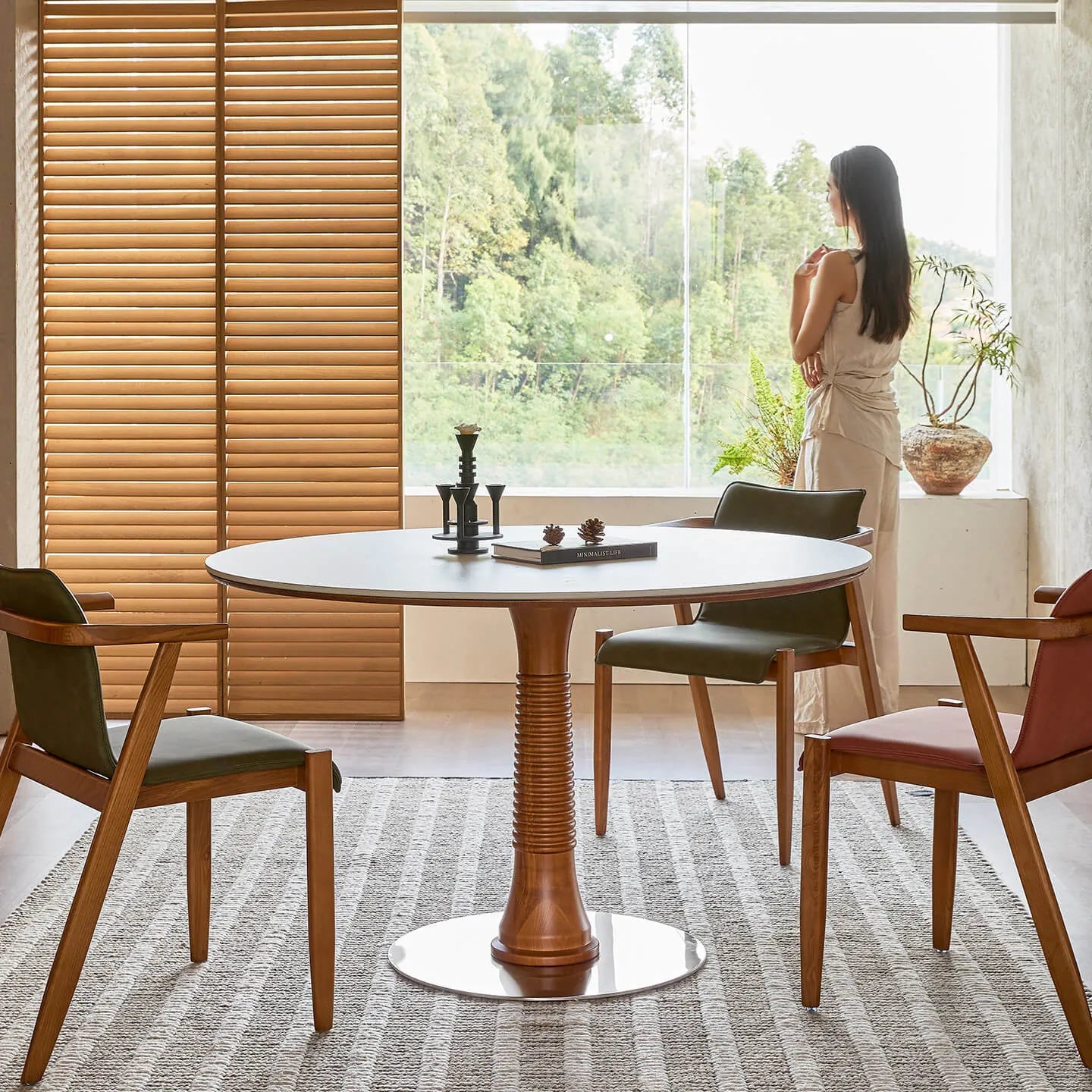 Travertine Sintered Stone Dining Table with Sculptural Ash Wood Base