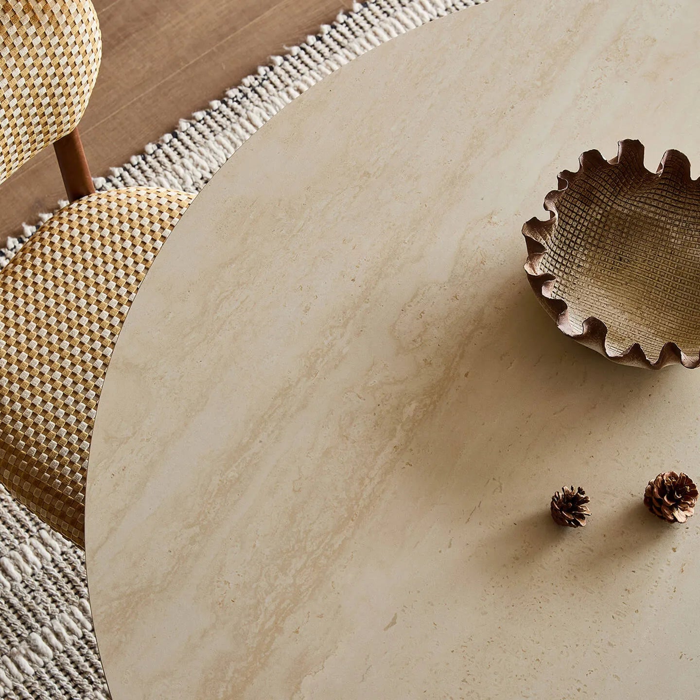 Travertine Sintered Stone Dining Table with Sculptural Ash Wood Base
