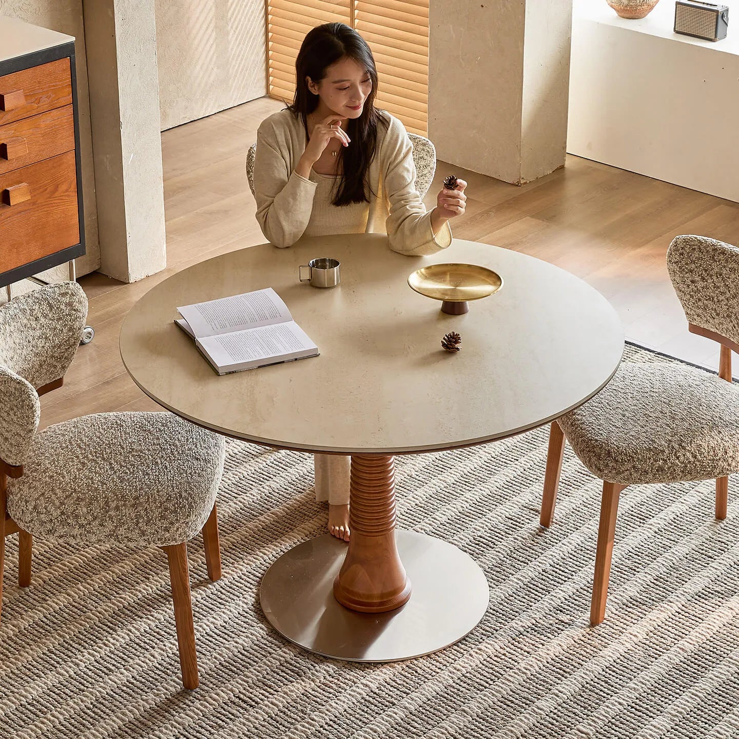 Travertine Sintered Stone Dining Table with Sculptural Ash Wood Base