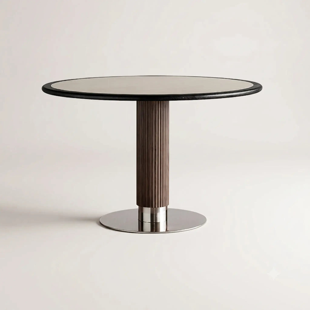 Travertine Sintered Stone Dining Table with Sculptural Ash Wood Base and Stainless Steel Detail