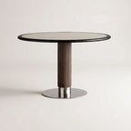Travertine Sintered Stone Dining Table with Sculptural Ash Wood Base and Stainless Steel Detail